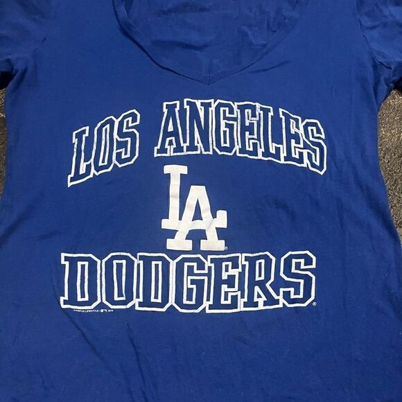 LOS ANGELES LA DODGERS CLAYTON KERSHAW BLUE WHITE V-NECK T-SHIRT WOMENS SMALL - Picture 7 of 7